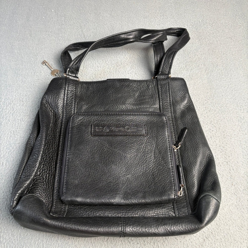 Fossil Black Pebbled Leather Tote Shoulder Bag Front Zip Pocket 75082